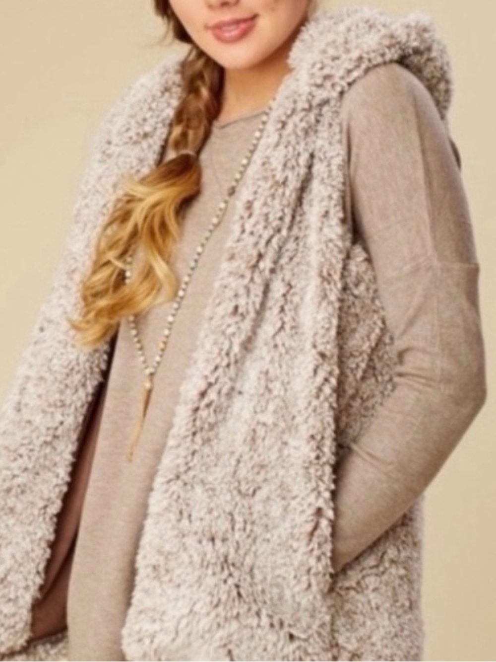 Altar'd State Plush Hooded Sherpa Vest in Light Tan